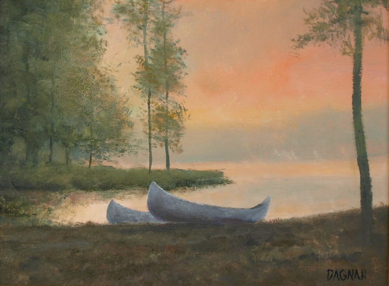 Painting by Gary Dagnan of Canoes at Early Morning Lake