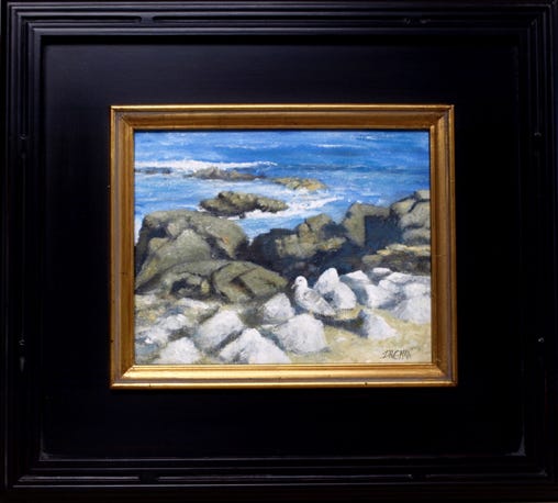 Painting of gull rocks and ocean surf