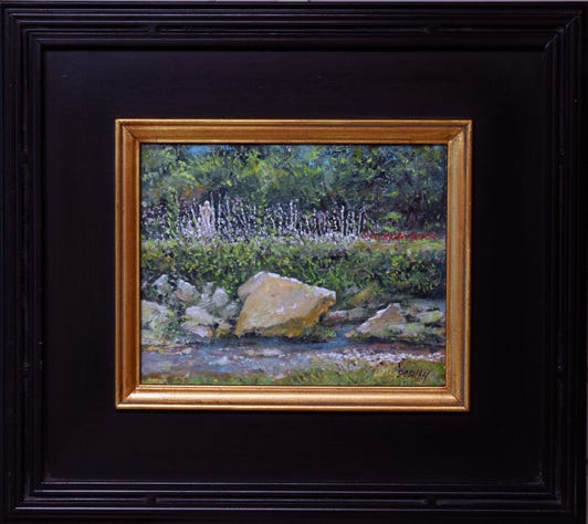 a borrk running through a garden plein air