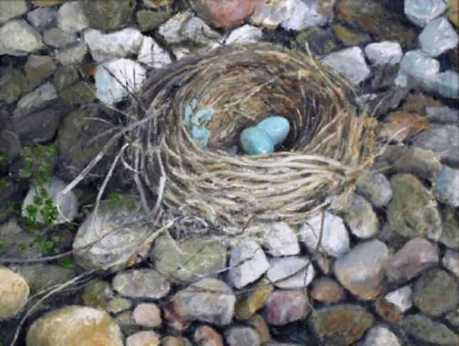 Birds nest on stones with blue eggs painting by Gary Dagnan