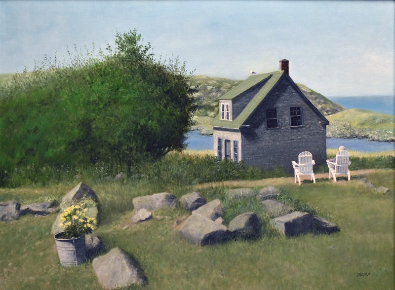 Monhegan house with bucket of flowers