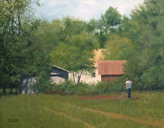 Landscape Painting of Rural Scene with Man Preparing the Soil for planting by Gary Dagnan