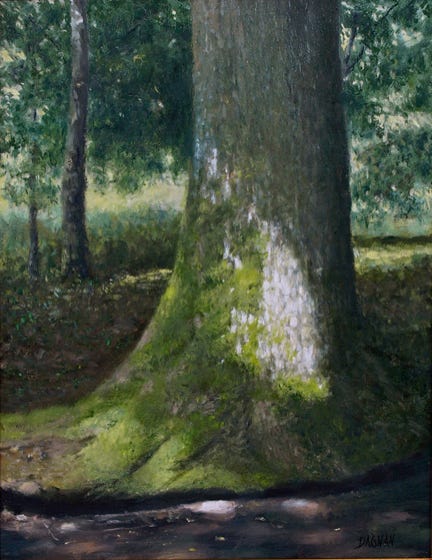 Oil painting of moss covered tree by a creek in Cades Cove by Gary Dagnan