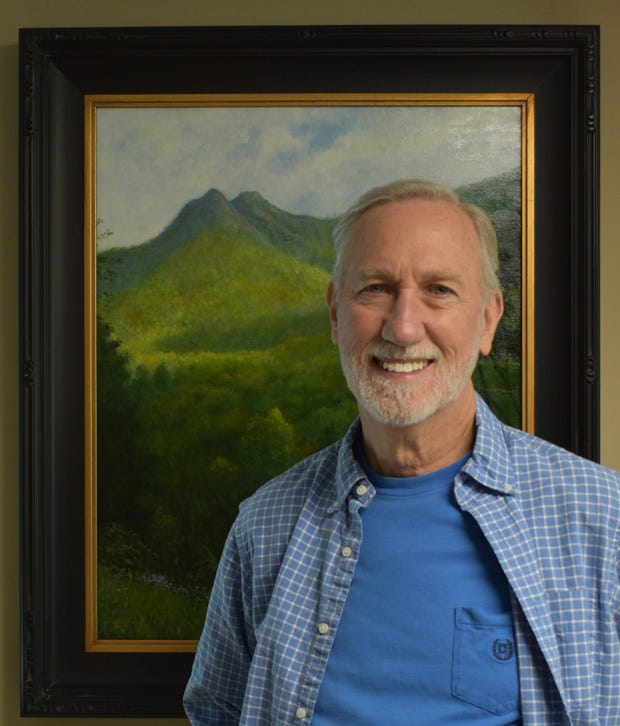 Painting of Smoky Mountains with clouds in overcast sky by Gary Dagnan